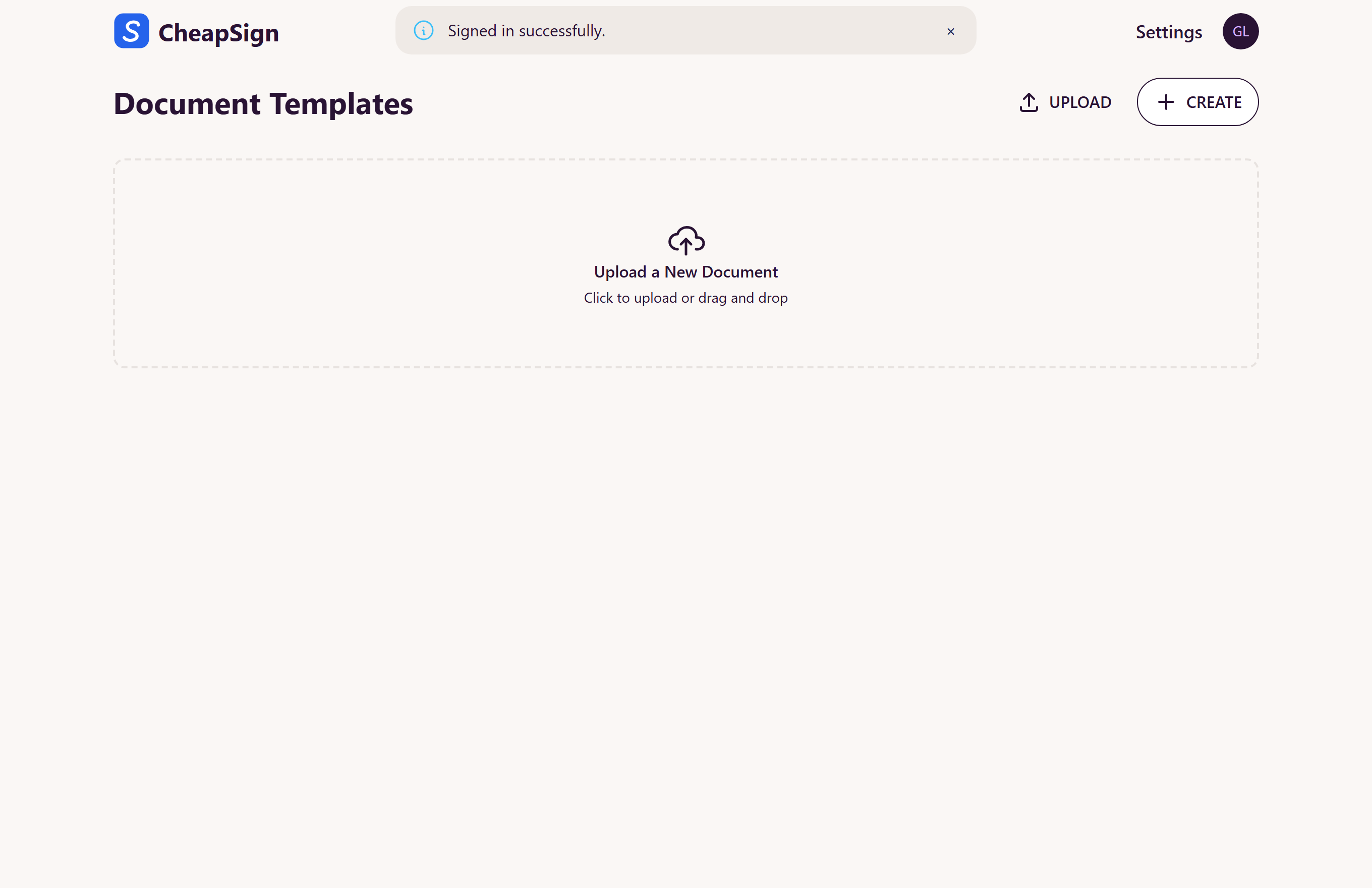 CheapSign dashboard with upload area